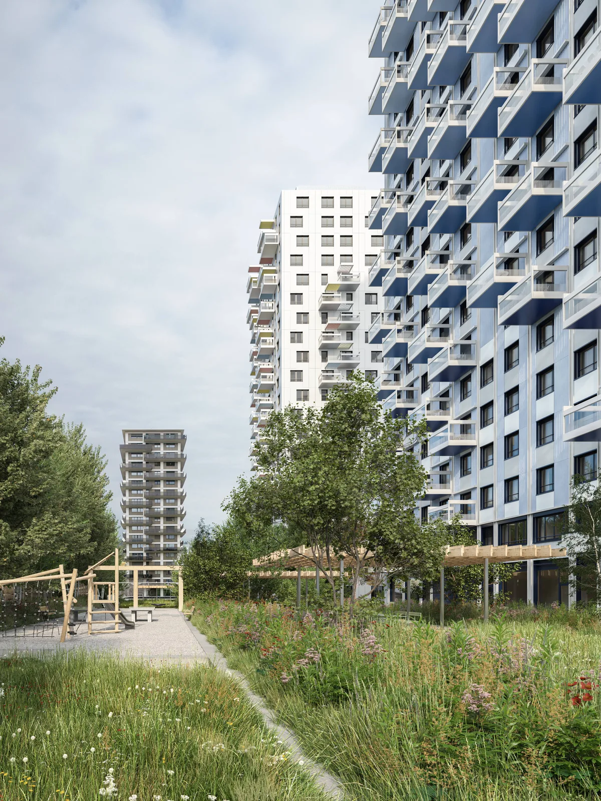 Zwischen den neuen Wohnhäusern ist ein üppiger Park geplant. Visualisierung